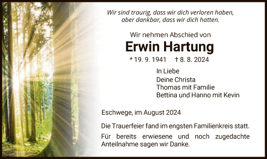 Todesanzeige von Erwin Hartung von WRS