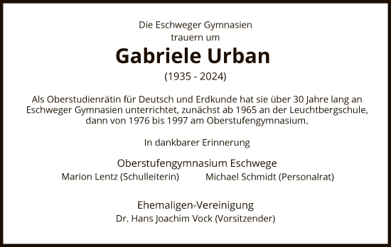 Todesanzeige von Gabriele Urban von WRS