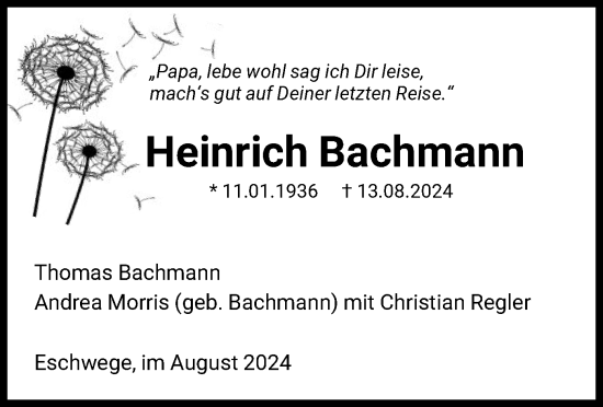 Todesanzeige von Heinrich Bachmann von WRS