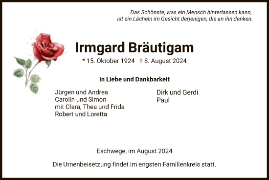 Todesanzeige von Irmgard Bräutigam von WRS