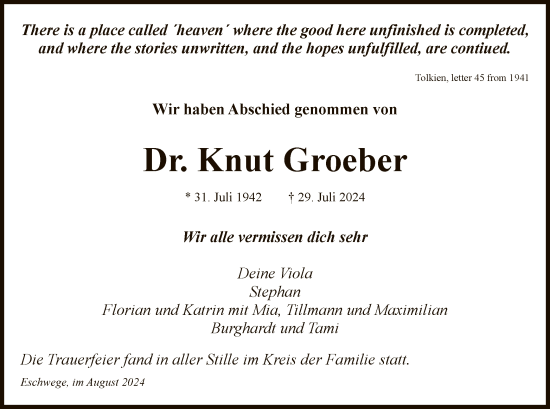 Todesanzeige von Knut Groeber von WRSHNA