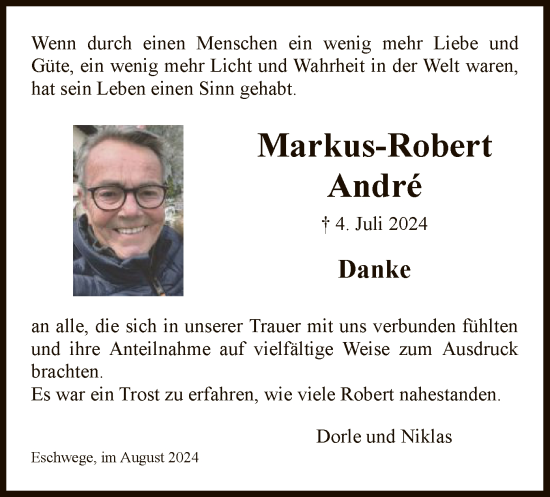 Todesanzeige von Markus-Robert André von WRS