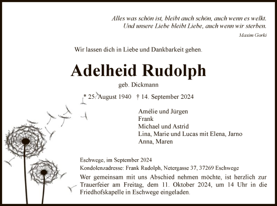 Todesanzeige von Adelheid Rudolph von WRS