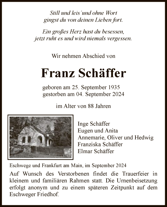 Todesanzeige von Franz Schäffer von WRS