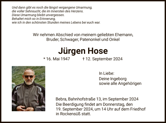 Todesanzeige von Jürgen Hose von HNAWRS