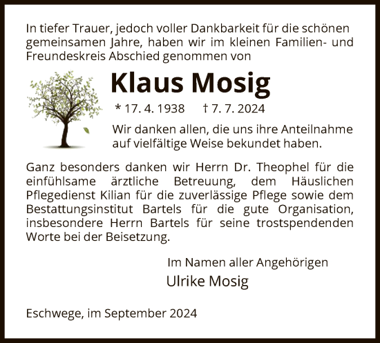 Todesanzeige von Klaus Mosig von WRS