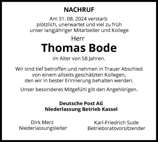 Todesanzeige von Thomas Bode von WRS