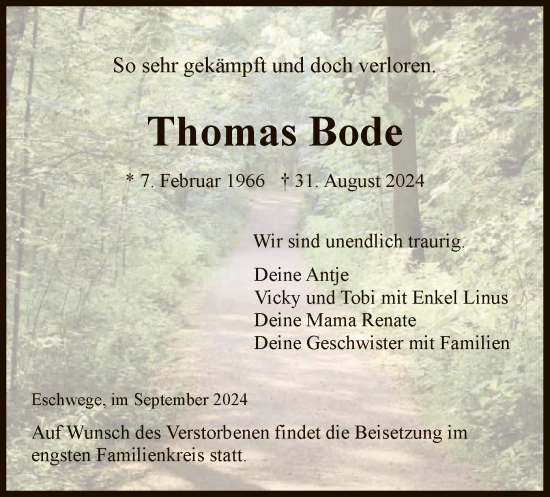 Todesanzeige von Thomas Bode von WRS