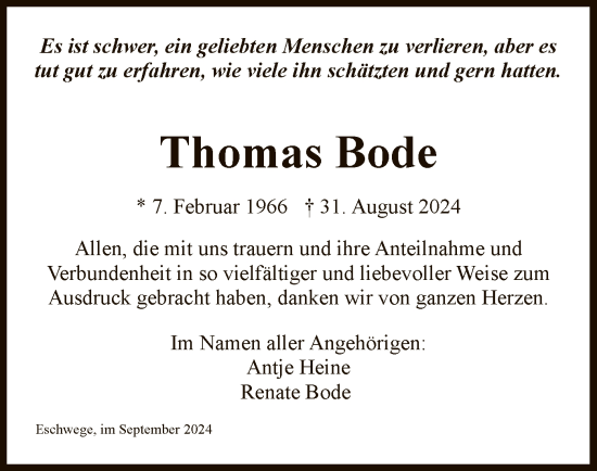 Todesanzeige von Thomas Bode von WRS