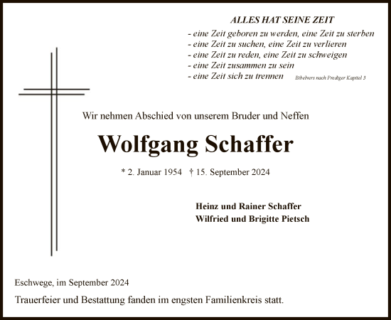 Todesanzeige von Wolfgang Schaffer von WRS