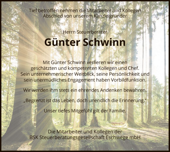 Todesanzeige von Günter Schwinn von WRS