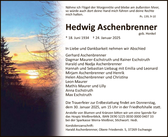 Todesanzeige von Hedwig Aschenbrenner von WRS