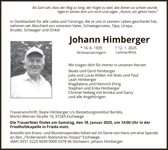 Todesanzeige von Johann Himberger von WRS