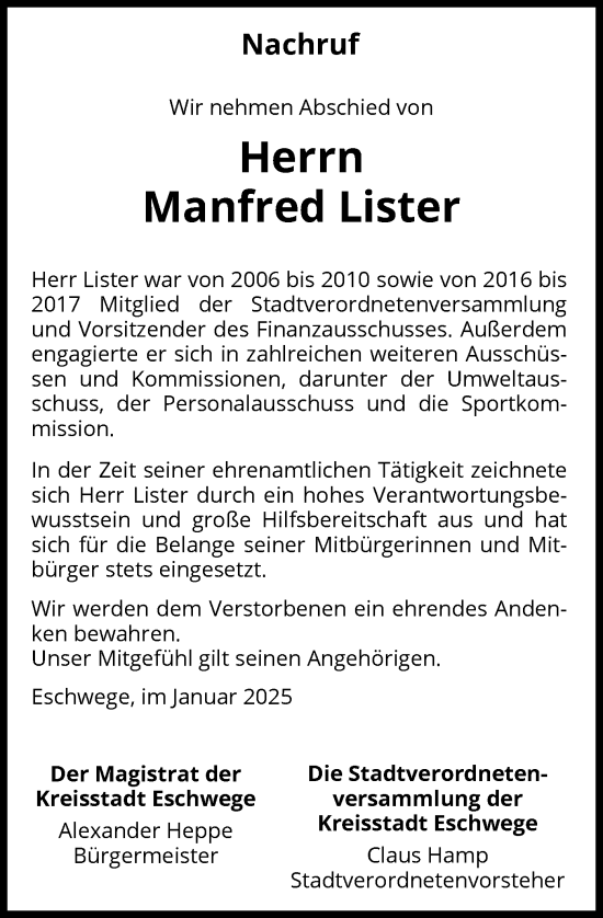 Todesanzeige von Manfred Lister von WRS