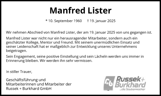 Todesanzeige von Manfred Lister von WRS