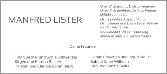 Todesanzeige von Manfred Lister von WRS