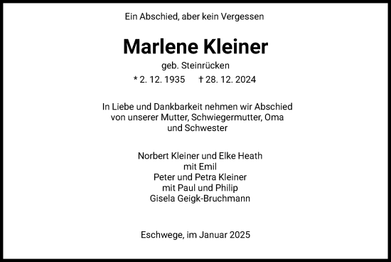 Todesanzeige von Marlene Kleiner von WRS