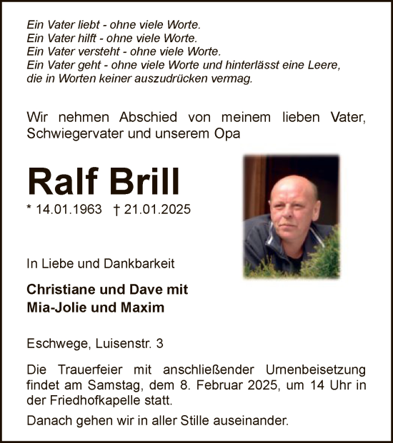 Todesanzeige von Ralf Brill von WRS