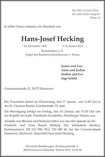 Todesanzeige von Hans-Josef Hecking von Münstersche Zeitung und Grevener Zeitung