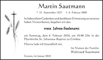 Todesanzeige von Martin Sautmann von Westfälische Nachrichten