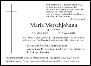 Todesanzeige von Maria Merschjohann von Westfälische Nachrichten
