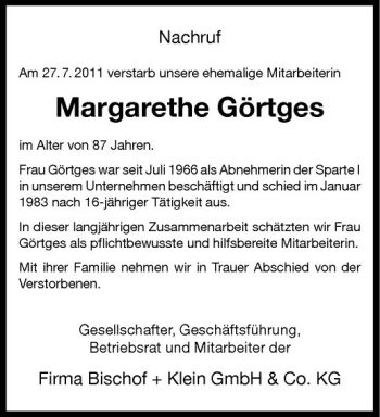 Todesanzeige von Margarethe Görtges von Westfälische Nachrichten