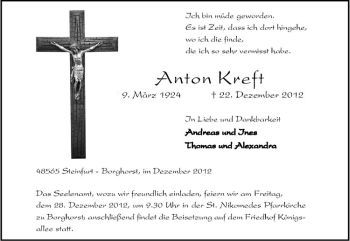 Todesanzeige von Anton Kreft von Westfälische Nachrichten