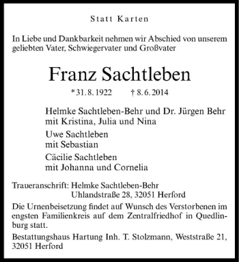 Todesanzeige von Franz Sachtleben von Westfälische Nachrichten