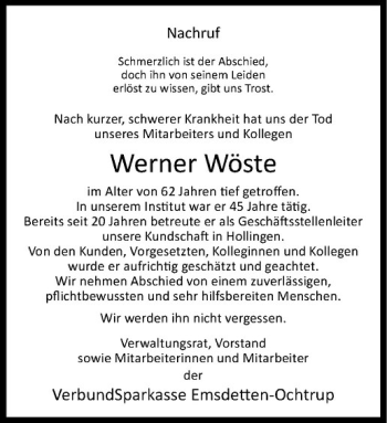 Todesanzeige von Werner Wöste von Westfälische Nachrichten