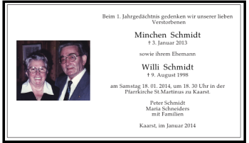 Todesanzeige von Minchen Schmidt Willi Schmidt von Rheinische Post