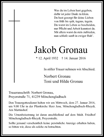 Todesanzeige von Jakob Gronau von Rheinische Post