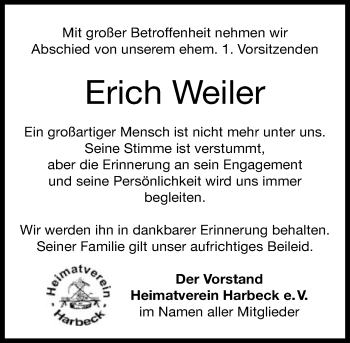 Todesanzeige von Erich Weiler von Rheinische Post