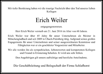 Todesanzeige von Erich Weiler von Rheinische Post