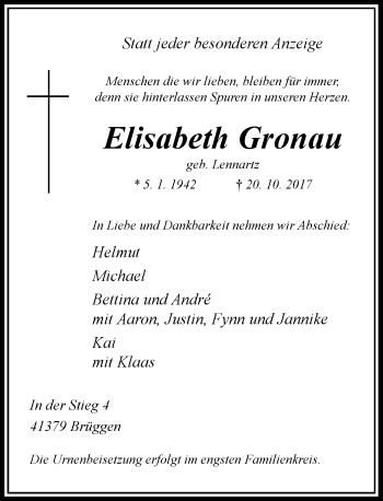 Todesanzeige von Elisabeth Gronau von Rheinische Post