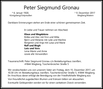 Todesanzeige von Peter Siegmund Gronau von Rheinische Post