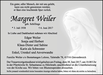 Todesanzeige von Margret Weiler von Rheinische Post