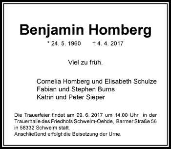 Todesanzeige von Benjamin Homberg von Rheinische Post