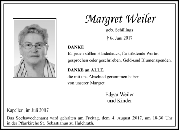 Todesanzeige von Margret Weiler von Rheinische Post