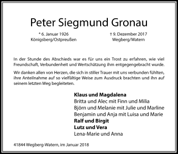 Todesanzeige von Peter Siegmund Gronau von Rheinische Post