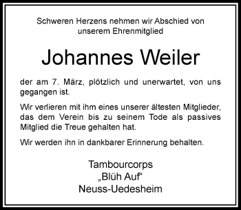 Todesanzeige von Johannes Weiler von Rheinische Post