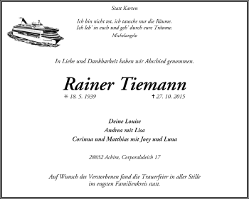 Todesanzeige von Rainer Tiemann von Trauer.de