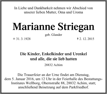 Todesanzeige von Marianne Striegan von Trauer.de