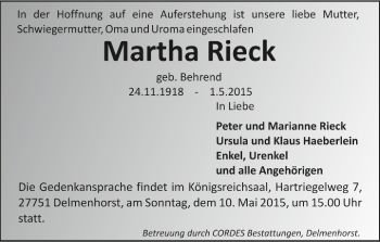 Todesanzeige von Martha Rieck von Trauer.de