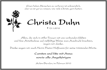 Todesanzeige von Christa Duhn von Trauer.de