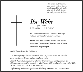 Todesanzeige von Ilse Wehe von Trauer.de