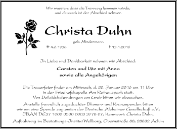 Todesanzeige von Christa Duhn von Trauer.de