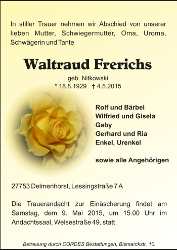 Todesanzeige von Waltraut Frerichs von Trauer.de