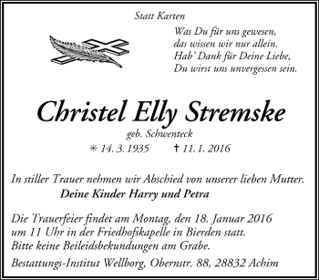 Todesanzeige von Christel Elly Stremske von Trauer.de