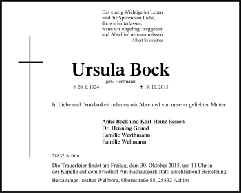 Todesanzeige von Ursula Bock von Trauer.de