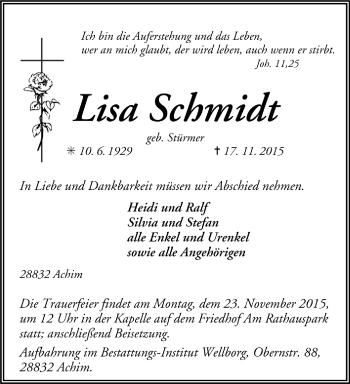 Todesanzeige von Lisa Schmidt von Trauer.de